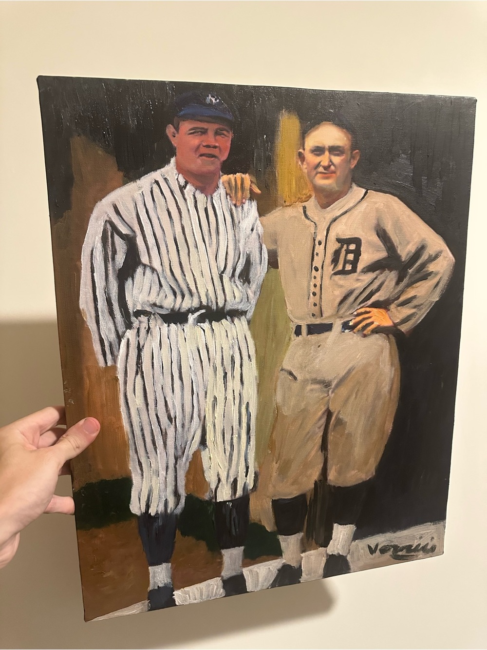 Babe Ruth & Ty Cobb Vintage Baseball Oil Painting 16x20 signed by artist